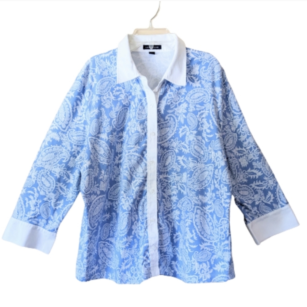 Lands' End Blouse Top Blue White Paisley Print Button Down Jersey Cott…
